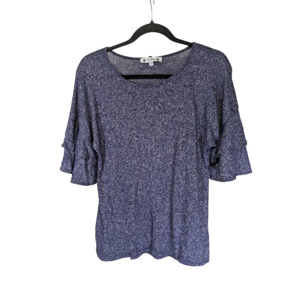 Wilde Navy Blue Scoop Neck Ruffled Short Sleeve Stretch Women's Small